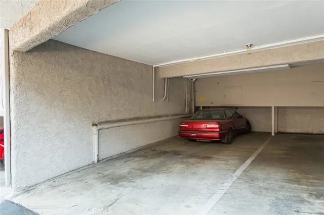 a view of swimming pool with lawn chairs and palm trees