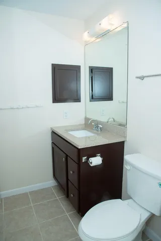 a bathroom with a sink a toilet and mirror