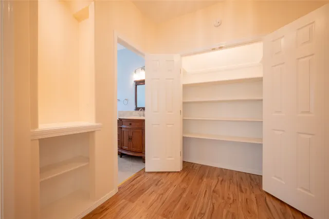 a view of walk in closet with empty racks