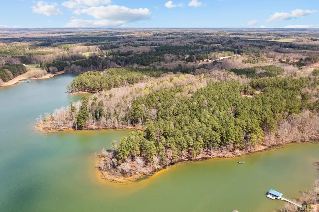 an aerial view of valley and lake
