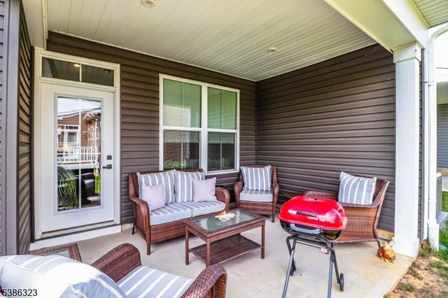 a view of a patio with couches and a potted plant on a table