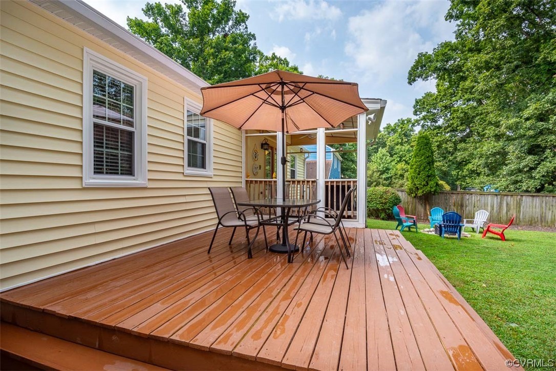 4648 Brookridge Road Chesterfield, VA 23832 - Photo 41 of 50 a view of a roof deck with table and chairs under an umbrella with wooden floor and fence