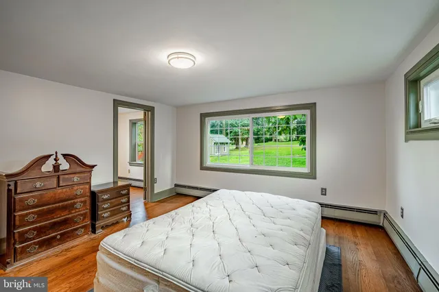 a view of a bedroom with furniture and a window