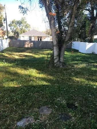a view of a yard with a large tree