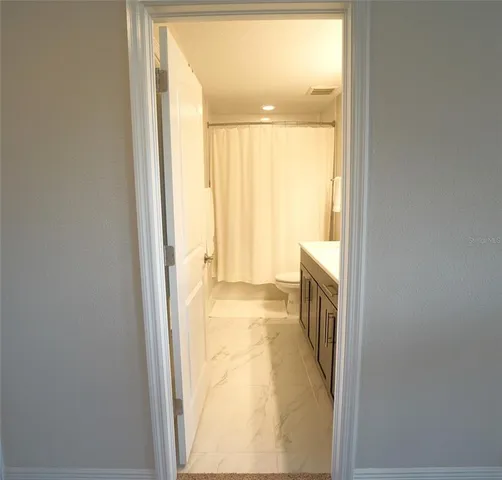 a view of a bathroom from a window