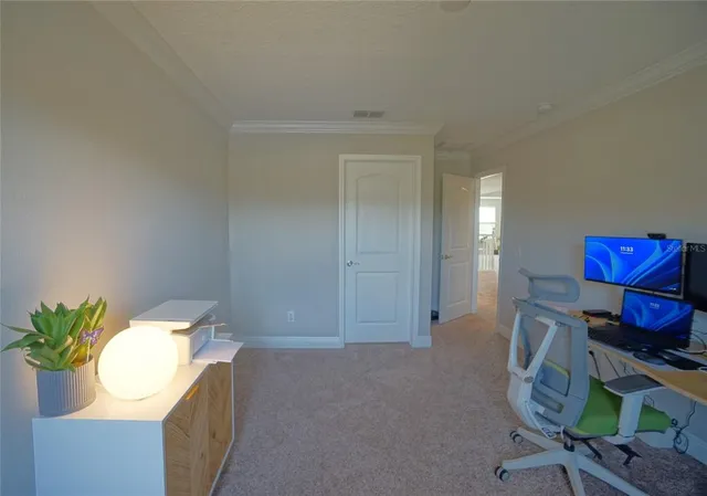 a workspace with furniture and a potted plant