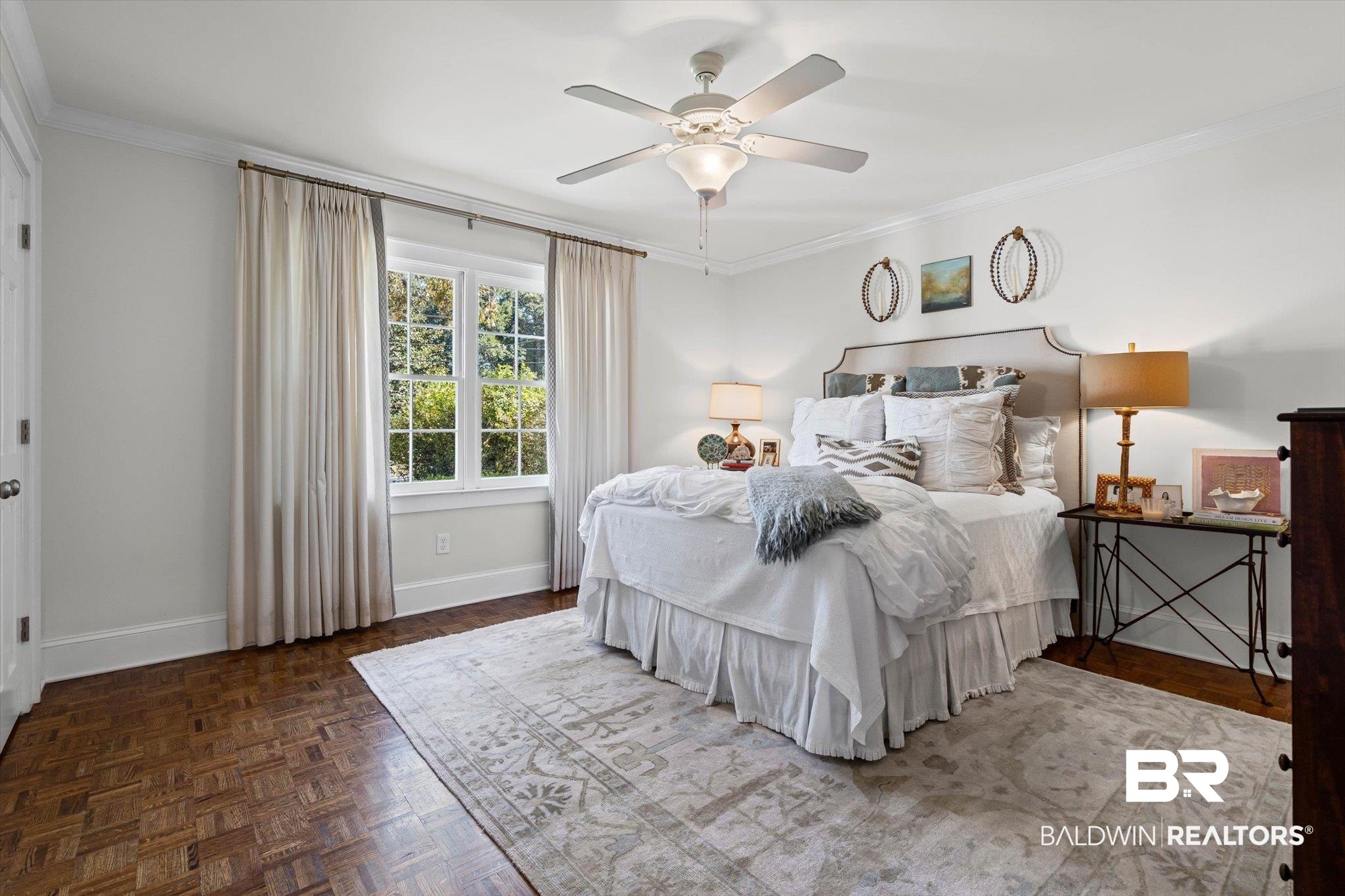 513 Spring Park Drive East Mobile, AL 36608 - Photo 12 of 44 Bedroom featuring crown molding, a ceiling fan, and parquet floors