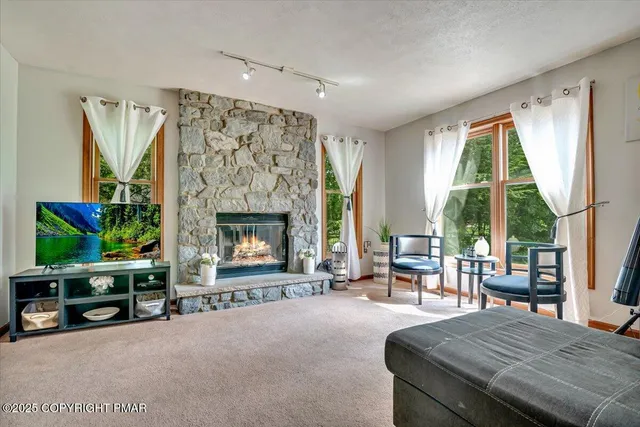 a living room with furniture a fireplace and a chandelier