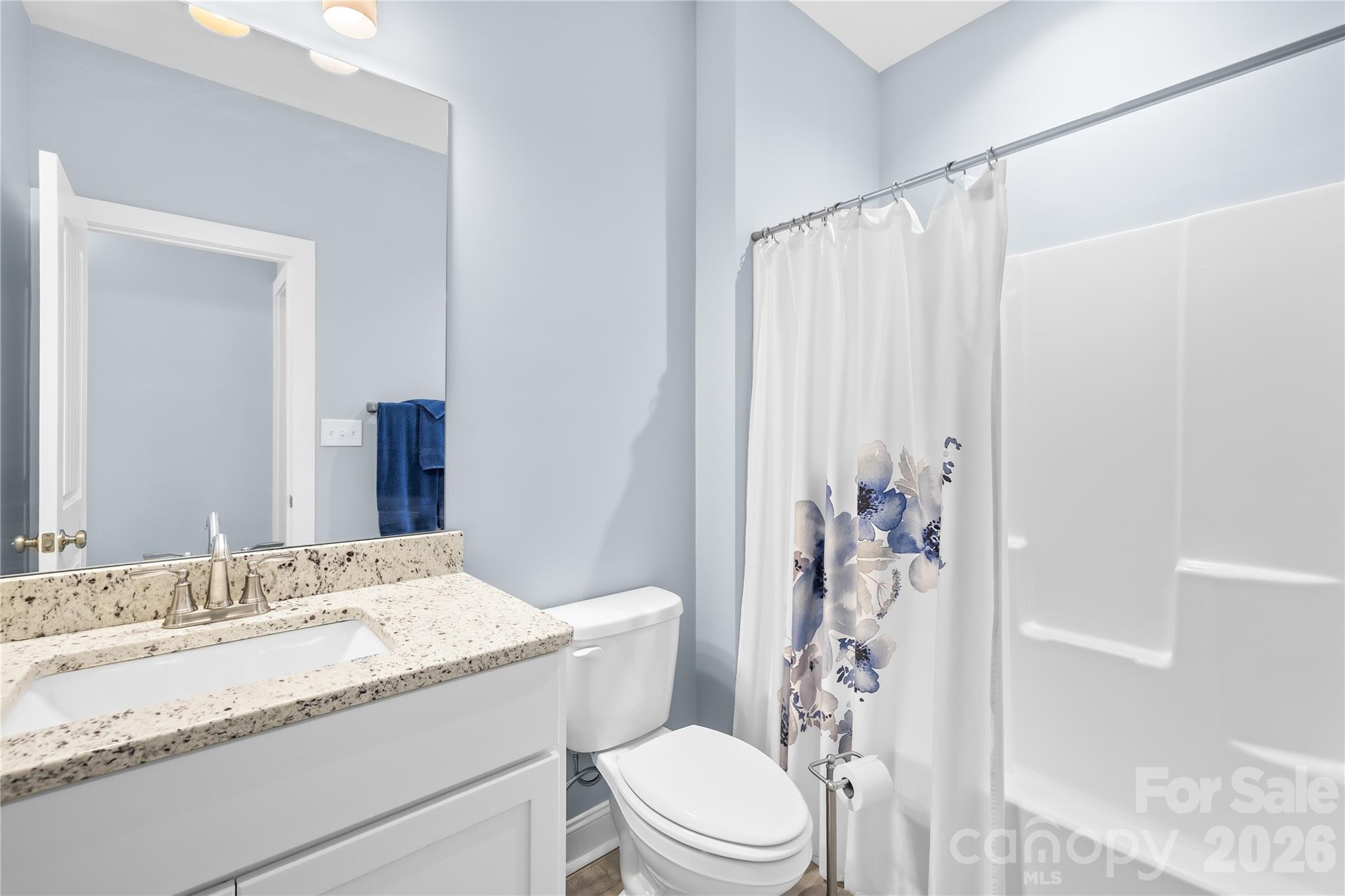 1600 Barefoot Road Catawba, NC 28609 - Photo 23 of 34 a bathroom with a granite countertop sink a toilet and shower curtain