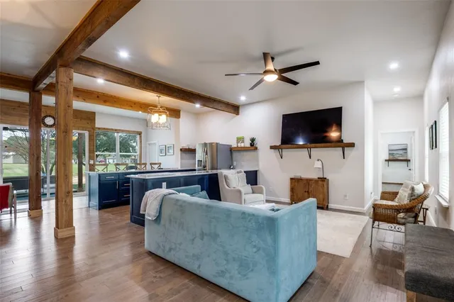 a living room with fireplace furniture and a flat screen tv