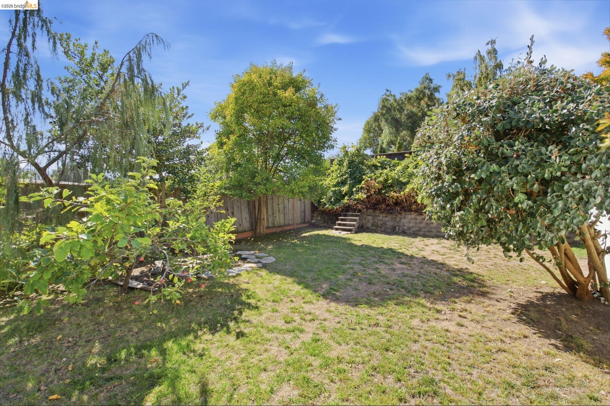 4522 Santa Rita Road El Sobrante, CA 94803 - Photo 46 of 58 Expansive backyard featuring a stone retaining wall, mature trees, and a wood fence