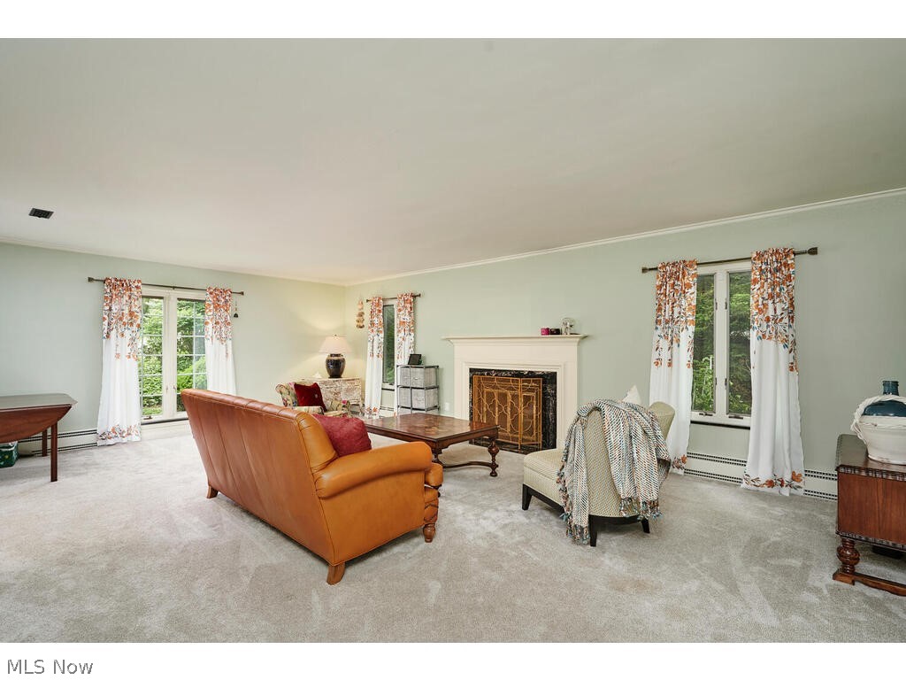 2253 Tinkham Road Akron, OH 44313 - Photo 9 of 31 Carpeted living room featuring crown molding and baseboard heating