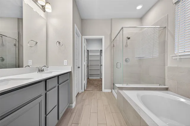 a bathroom with a tub shower vanity and a sink