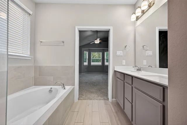 a bathroom with a tub sink and mirror