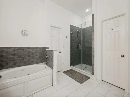 a bathroom with a bathtub and a shower