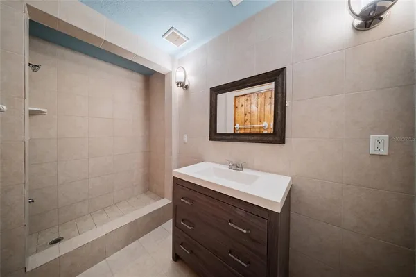 a bathroom with a sink a mirror and a shower