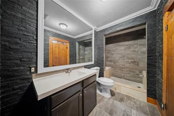 a bathroom with a sink a toilet a mirror and a shower