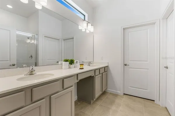 a bathroom with a sink double vanity and a mirror