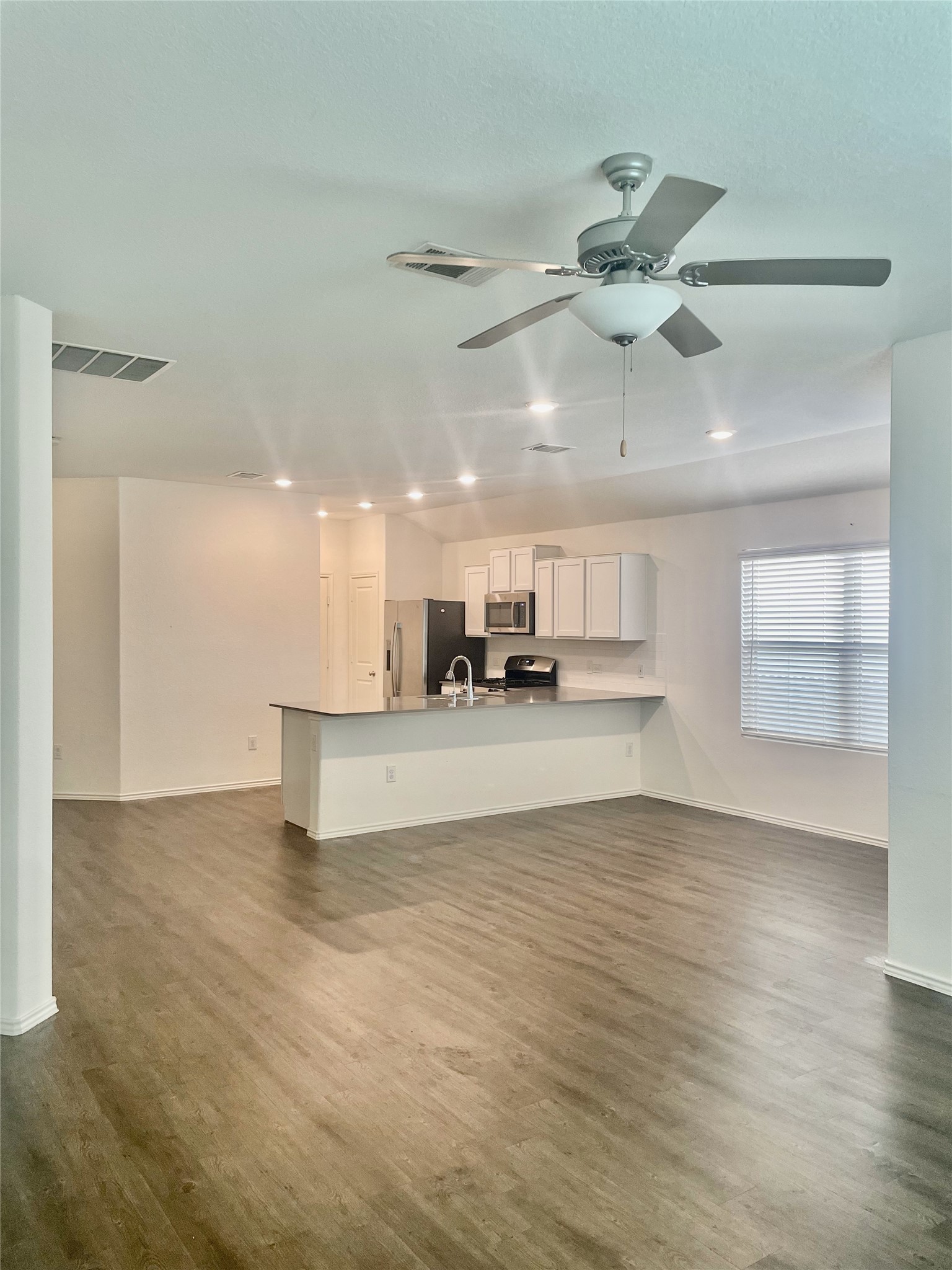 Open concept kitchen and living.