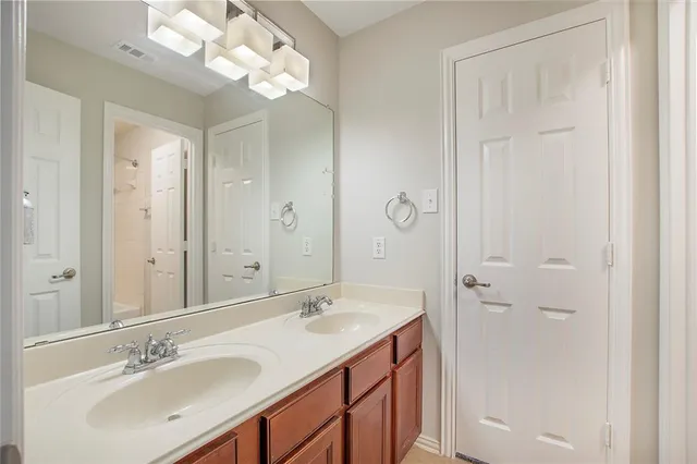 a bathroom with a sink vanity and a mirror