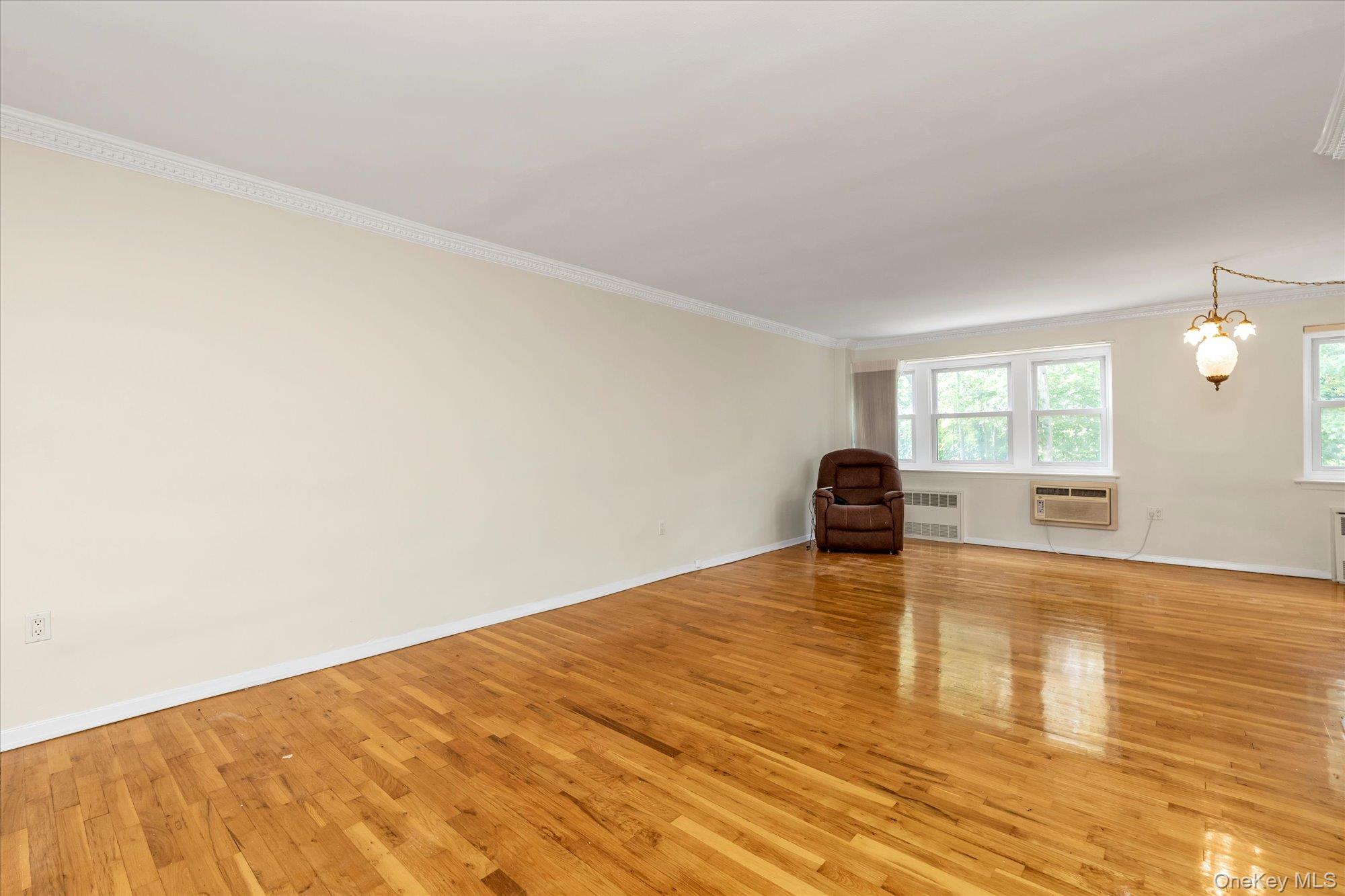 30 Pearsall Avenue, Unit 2F Glen Cove, NY 11542 - Photo 5 of 25 Unfurnished living room featuring light wood-style floors, a chandelier, radiator, and crown molding