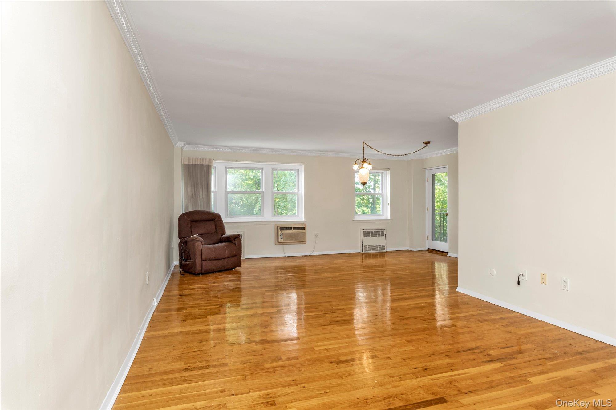 30 Pearsall Avenue, Unit 2F Glen Cove, NY 11542 - Photo 6 of 25 Unfurnished living room featuring light wood finished floors, a chandelier, ornamental molding, and radiator heating unit
