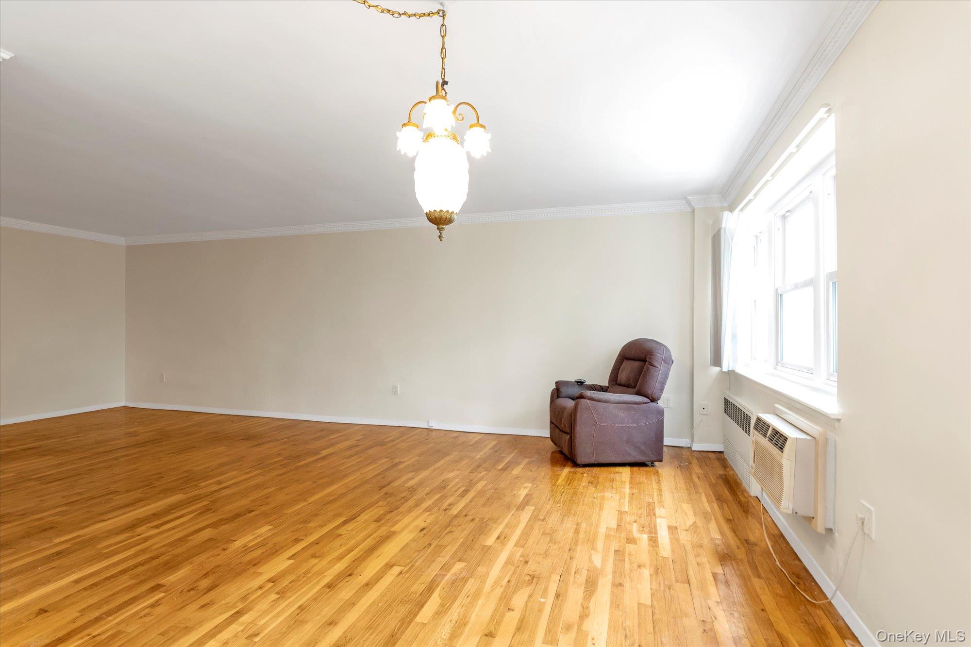 30 Pearsall Avenue, Unit 2F Glen Cove, NY 11542 - Photo 9 of 25 Unfurnished room with a chandelier, ornamental molding, light wood-type flooring, and a wall mounted AC