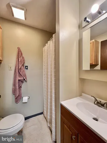 a bathroom with a sink and mirror with toilet
