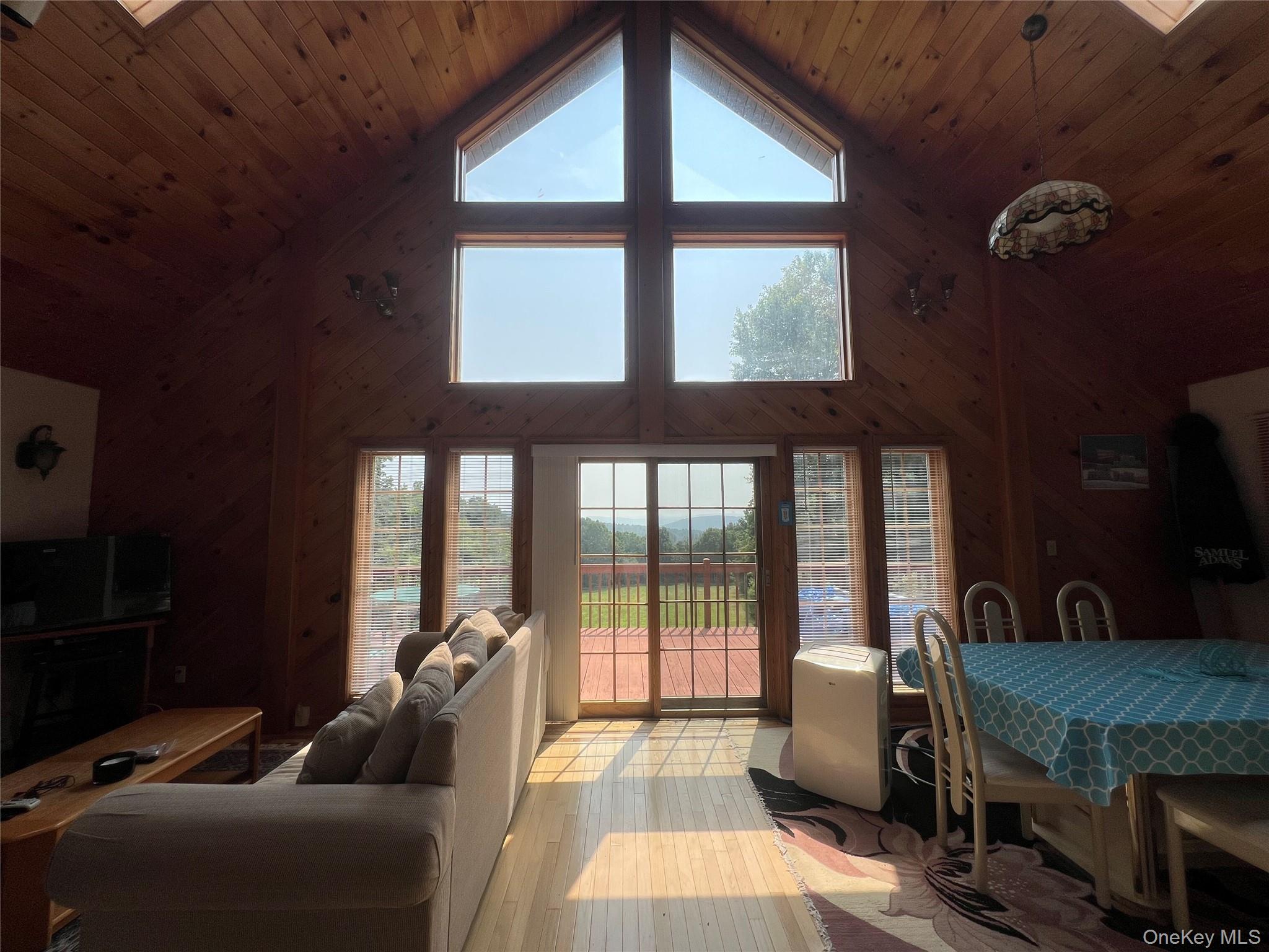 125 Woods Road Barryville, NY 12719 - Photo 7 of 25 a living room with furniture a flat screen tv and a floor to ceiling window