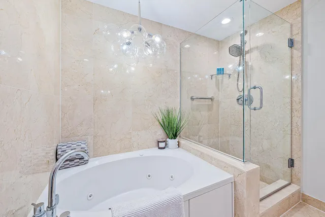 a bathroom with a bathtub and a shower