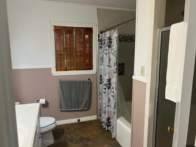 a bathroom with a toilet and a shower