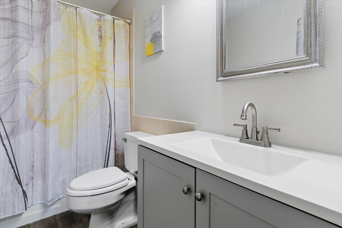 6545 Main Street, Unit 407 Downers Grove, IL 60516 - Photo 11 of 18 a bathroom with a sink a toilet and shower curtain