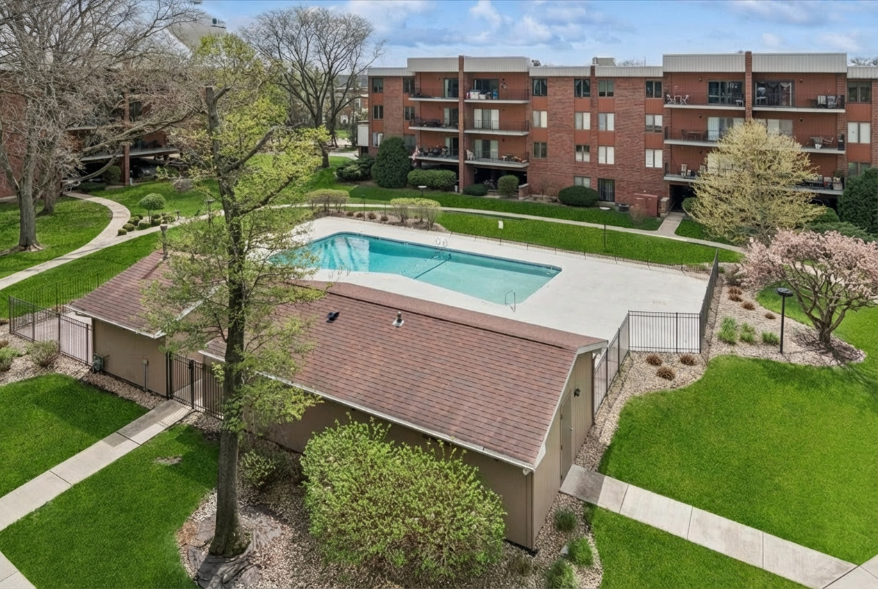 6545 Main Street, Unit 407 Downers Grove, IL 60516 - Photo 16 of 18 a aerial view of a house with a yard and sitting area
