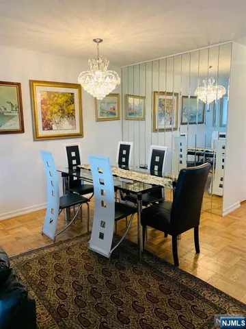 a view of a dining room with furniture
