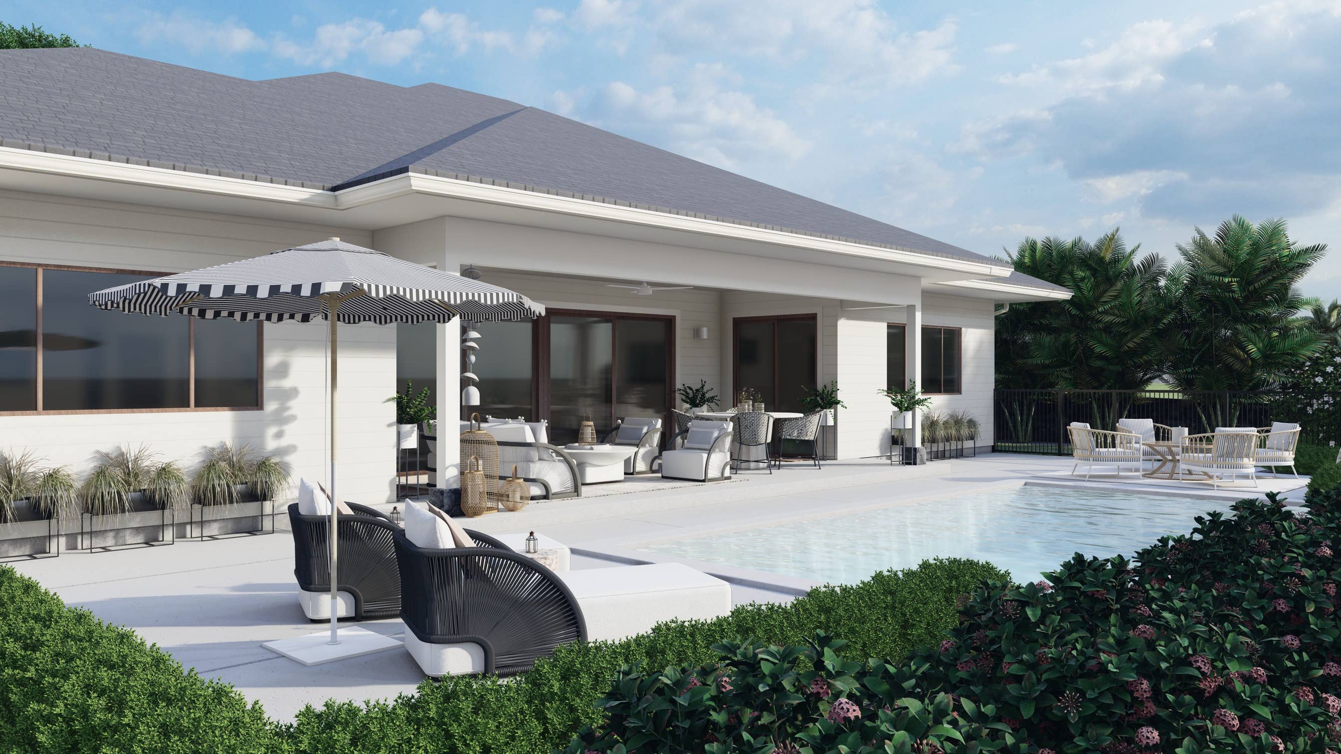 a view of a patio with dining table and chairs under an umbrella