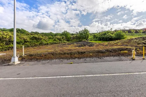a view of a road with houses in the background