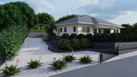 a front view of a house with a yard and potted plants