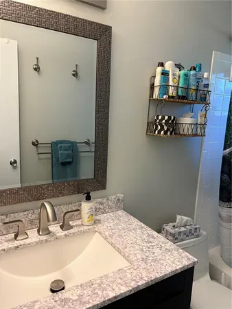 a bathroom with a sink and a mirror