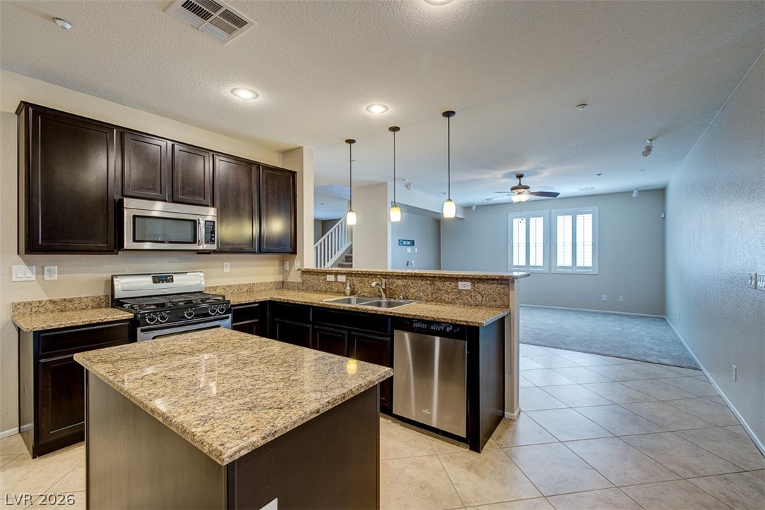 3199 Subtle Color Avenue Henderson, NV 89044 - Photo 46 of 46 Kitchen featuring a peninsula, stainless steel appliances, open floor plan, light stone countertops, and dark wood finish cabinets