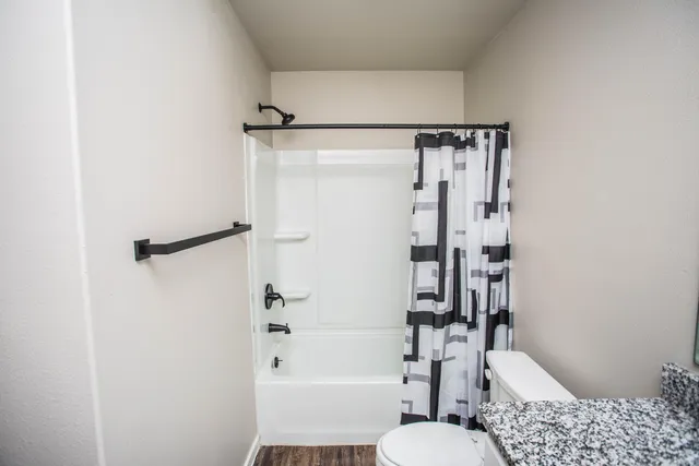 a bathroom with a shower and a toilet