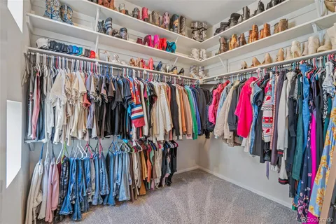 a view of walk in closet with clothes