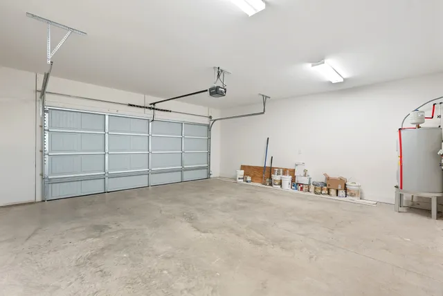 a view of a garage with storage