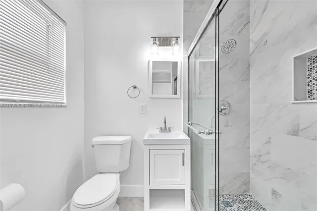a bathroom with a toilet sink vanity and shower