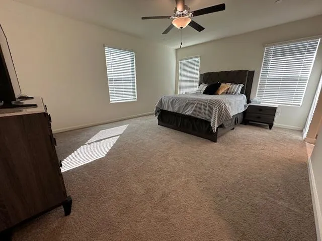 a bedroom with a bed and a ceiling fan