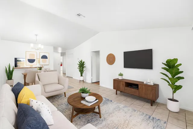 a living room with furniture and a potted plant