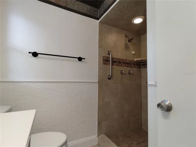 a bathroom with a shower and toilet
