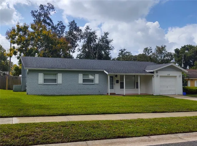 a view of a backyard with plants and a large tree