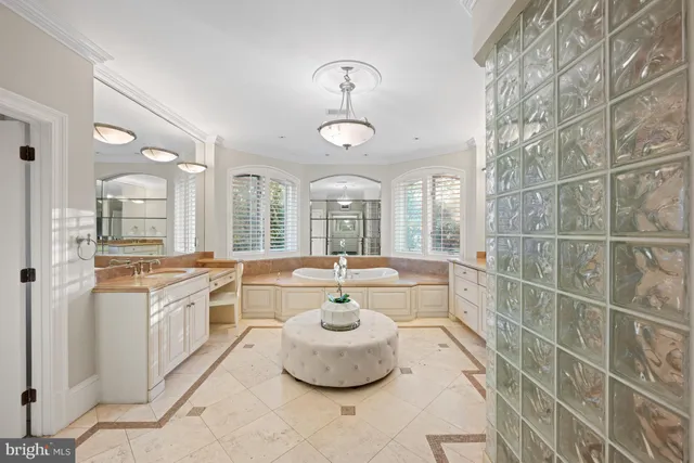 a large kitchen with a large window