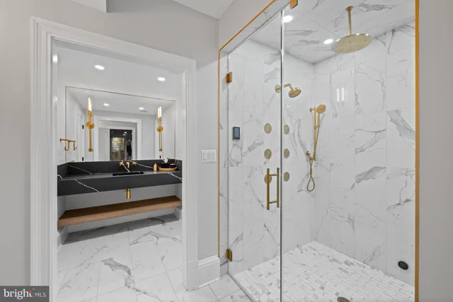 a view of a kitchen with lots of counter top space