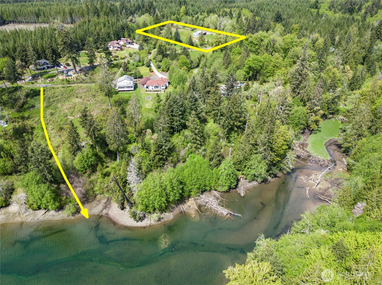 an aerial view of a house with a yard and large trees